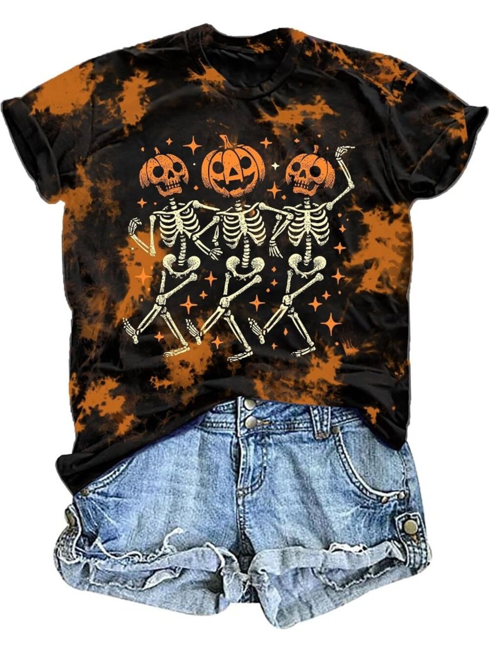 🆕 Women's Black Orange Dancing Pumpkin Skeleton Tie Dye Halloween Tee